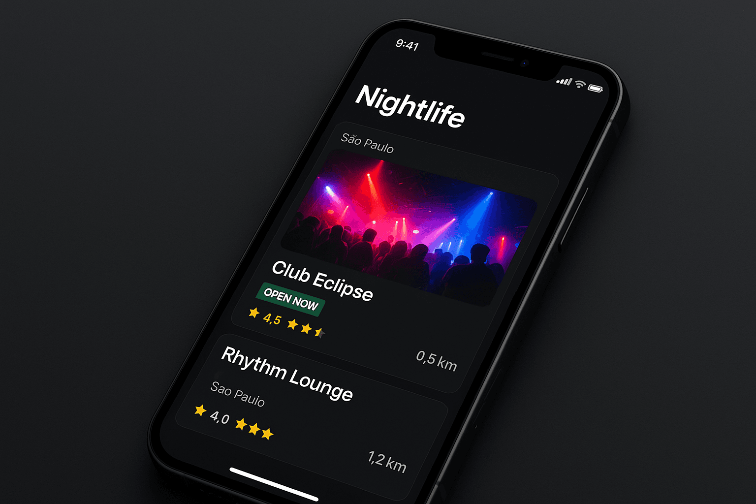 iPhone mockup dark UI nightlife app