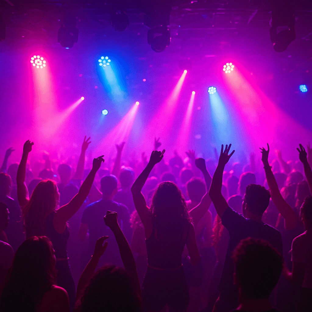 Nightclub crowd dancing with energy