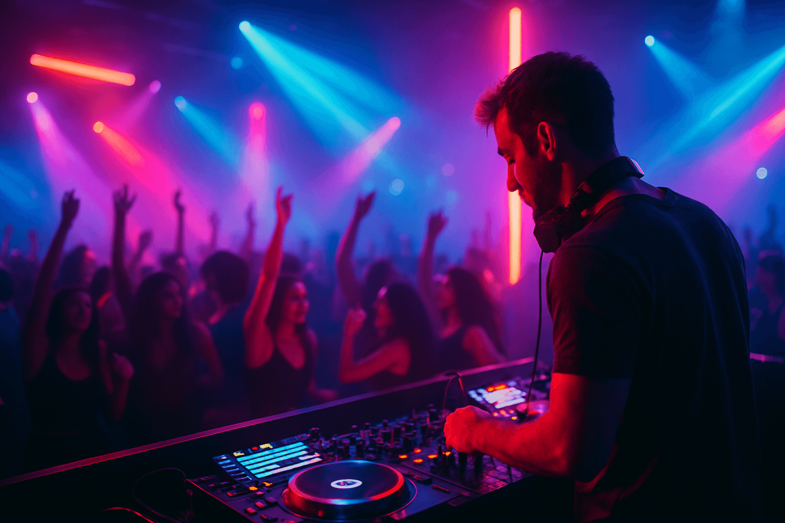 Nightclub DJ neon lights party crowd