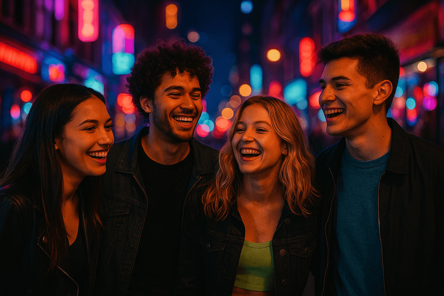 Young people nightlife city lights friends
